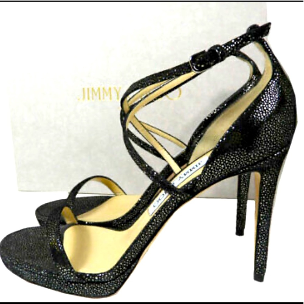 Jimmy Choo Black Glitter Criss Cross Sandals Heels